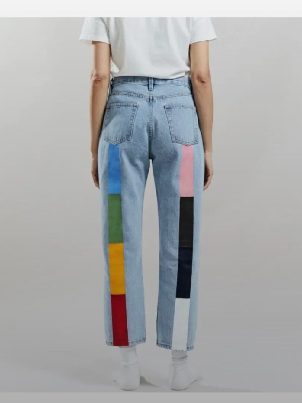 Straight Leg Patchwork Light Blue Jeans with Multicolor Panels